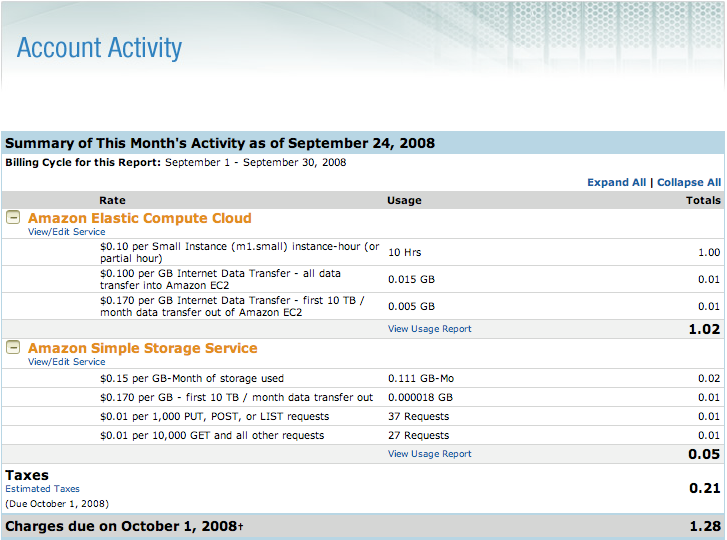 AWS Account Activity Screenshot, dated 2008
